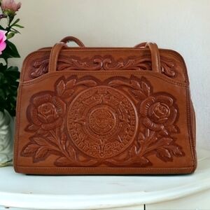Mont-Abur vintage tooled leather rose & toreador bull purse leather shoulder bag